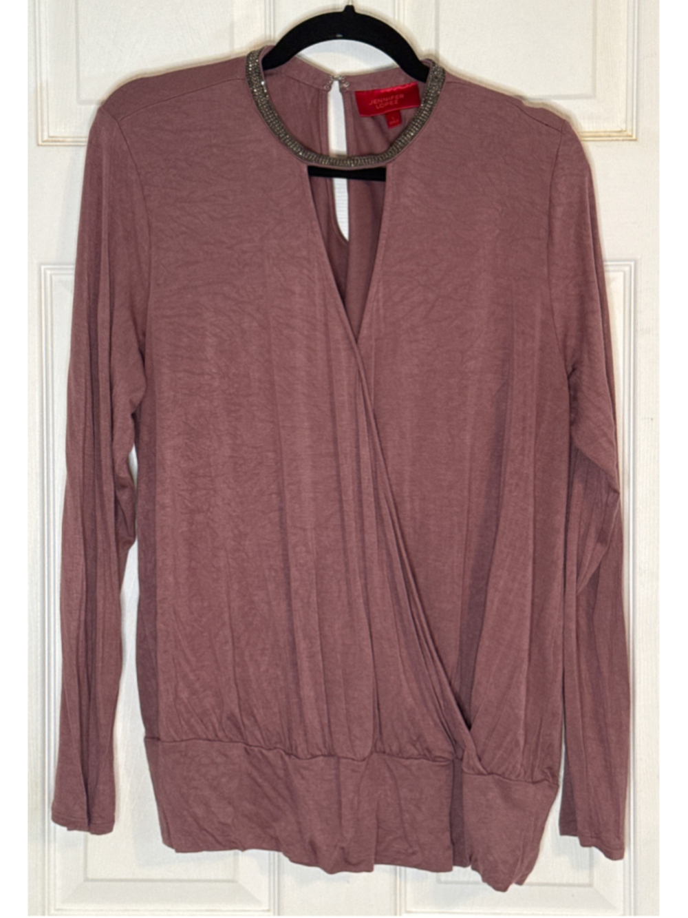 Jennifer Lopez Mauve Blouse with Silver Embellished Neckline, Size L - Picture 2 of 5